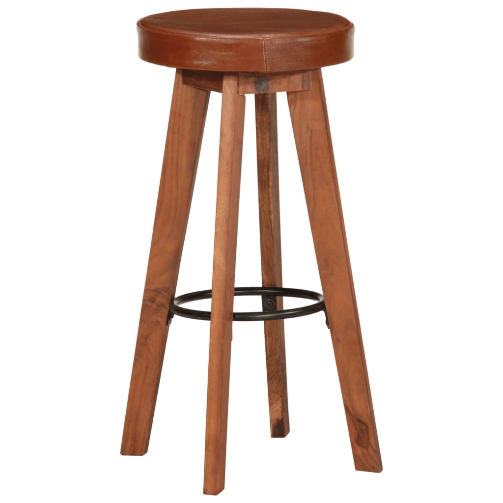 Taburetes De Cocina 2 Uds Cuero Auténtico Madera Maciza Acacia