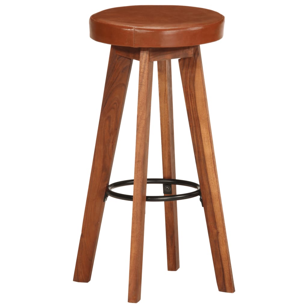 Taburetes De Cocina 2 Uds Cuero Auténtico Madera Maciza Acacia