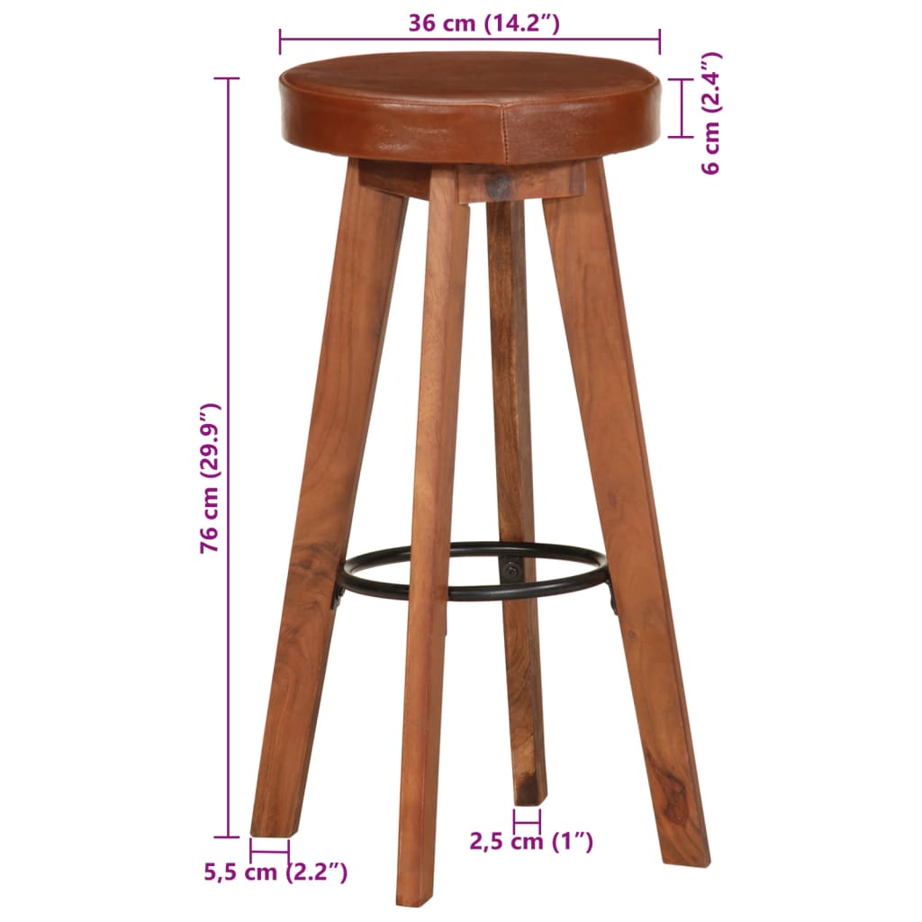 Taburetes De Cocina 2 Uds Cuero Auténtico Madera Maciza Acacia