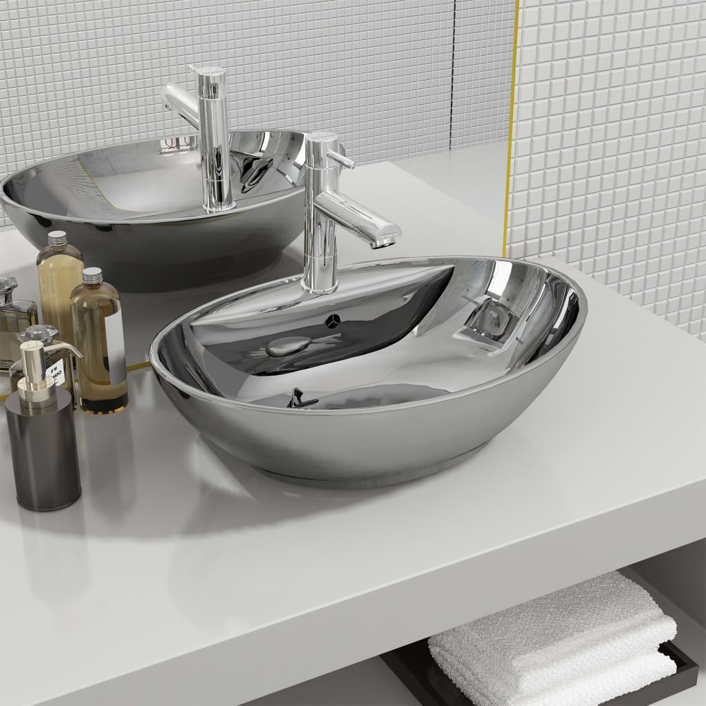 Lavabo De Cerámica Ovalado Con Orificio De Grifo Y Rebosadero
