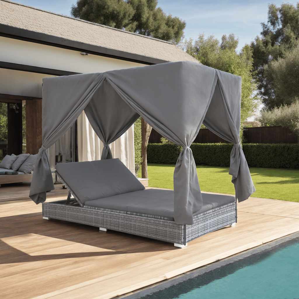 Tumbona Cama Con Cortinas De Ratán Sintético Gris