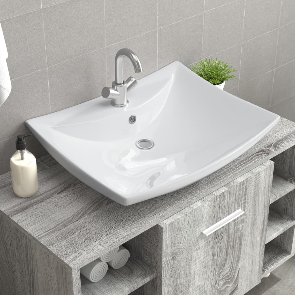 Lavabo De Cerámica Rectangular Con Orificio De Grifo Y Desagüe