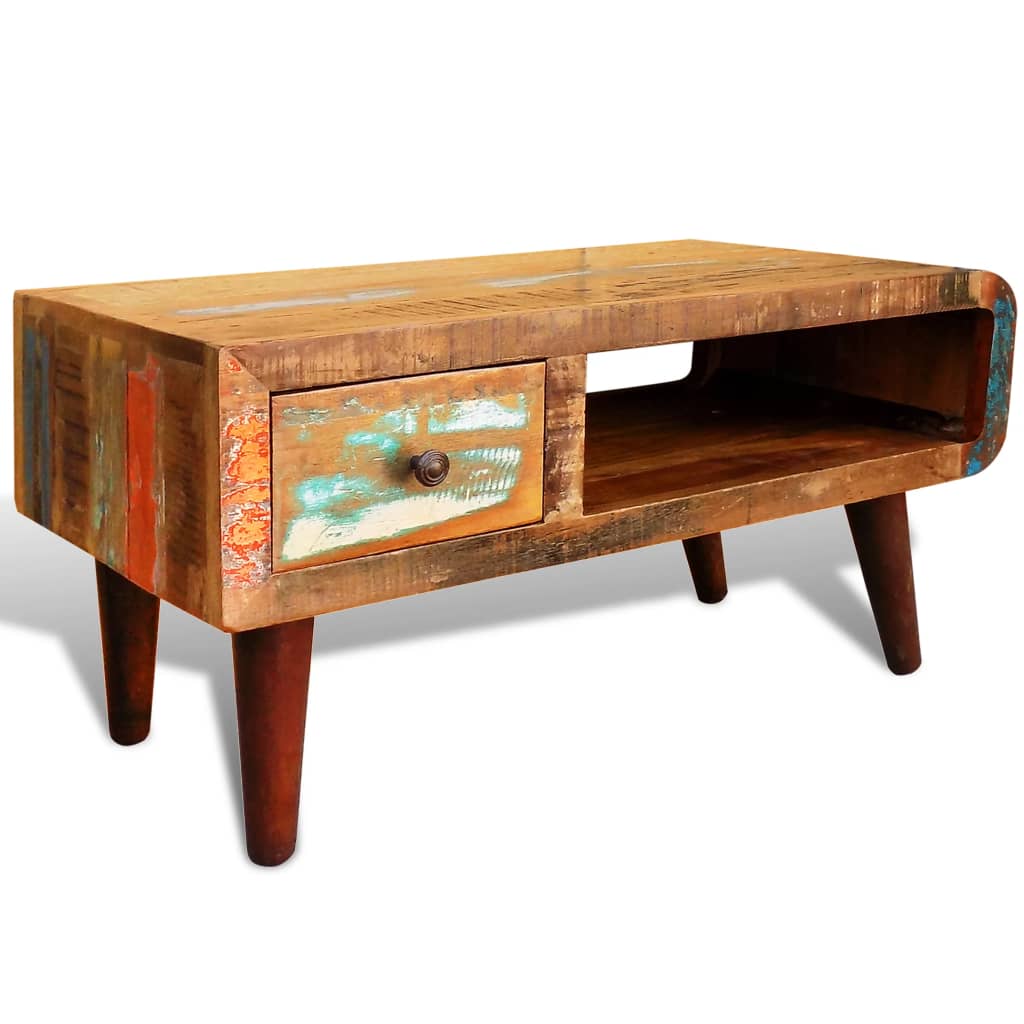 Mesa De Centro Con Borde Curvado 1 Cajón Madera Reciclada