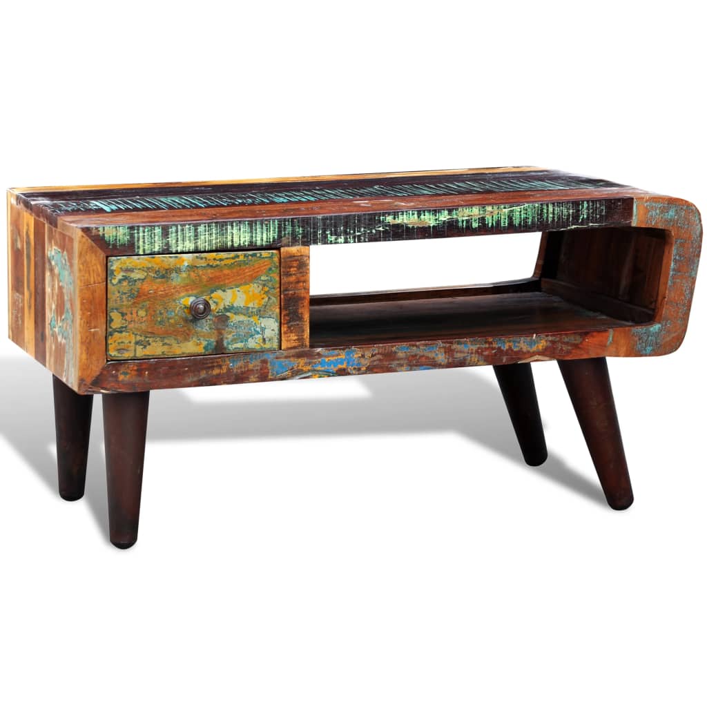 Mesa De Centro Con Borde Curvado 1 Cajón Madera Reciclada