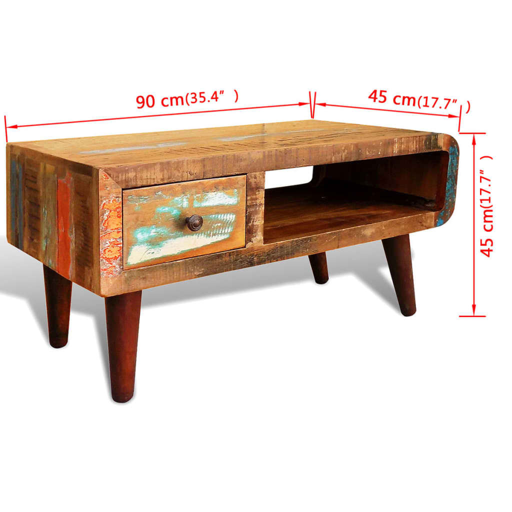 Mesa De Centro Con Borde Curvado 1 Cajón Madera Reciclada