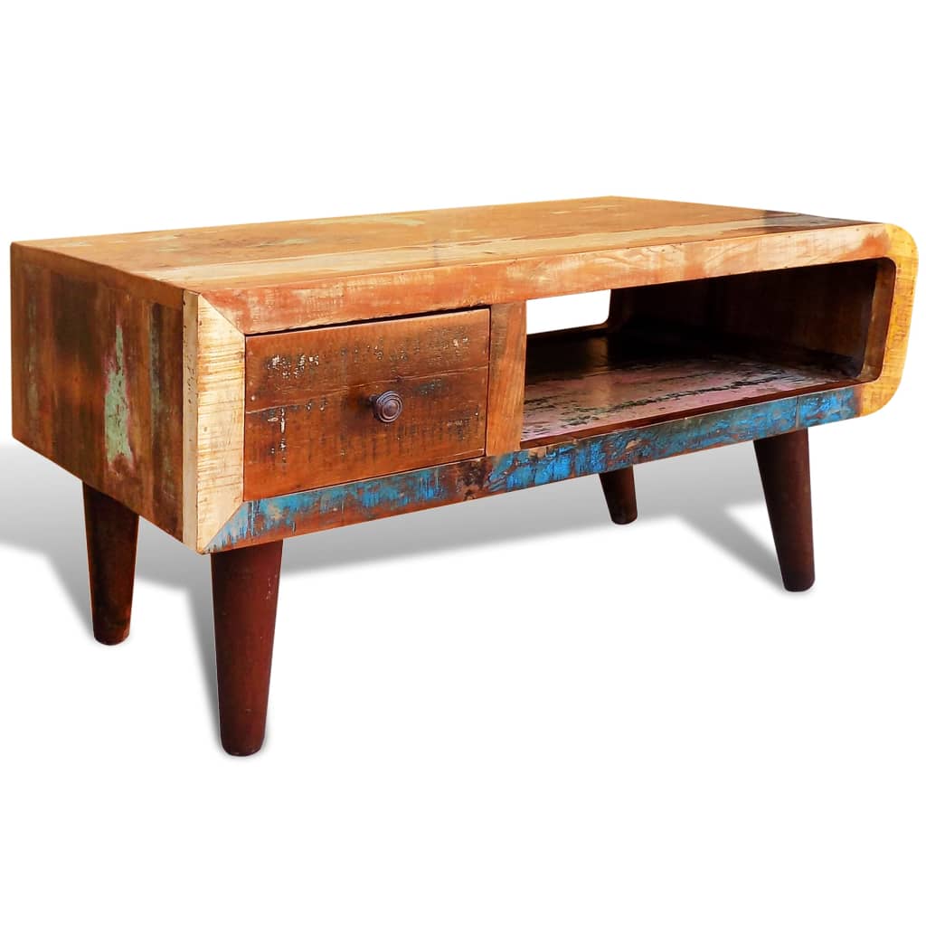 Mesa De Centro Con Borde Curvado 1 Cajón Madera Reciclada