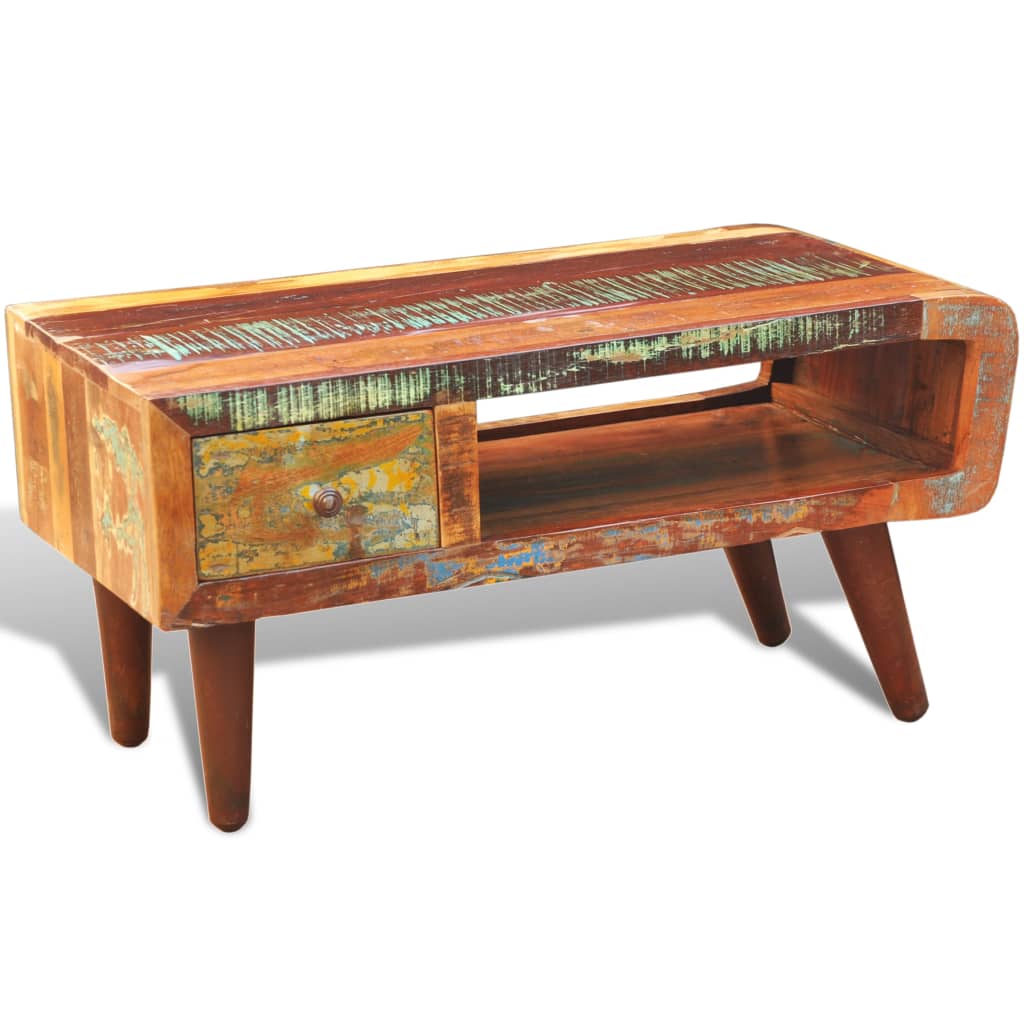Mesa De Centro Con Borde Curvado 1 Cajón Madera Reciclada