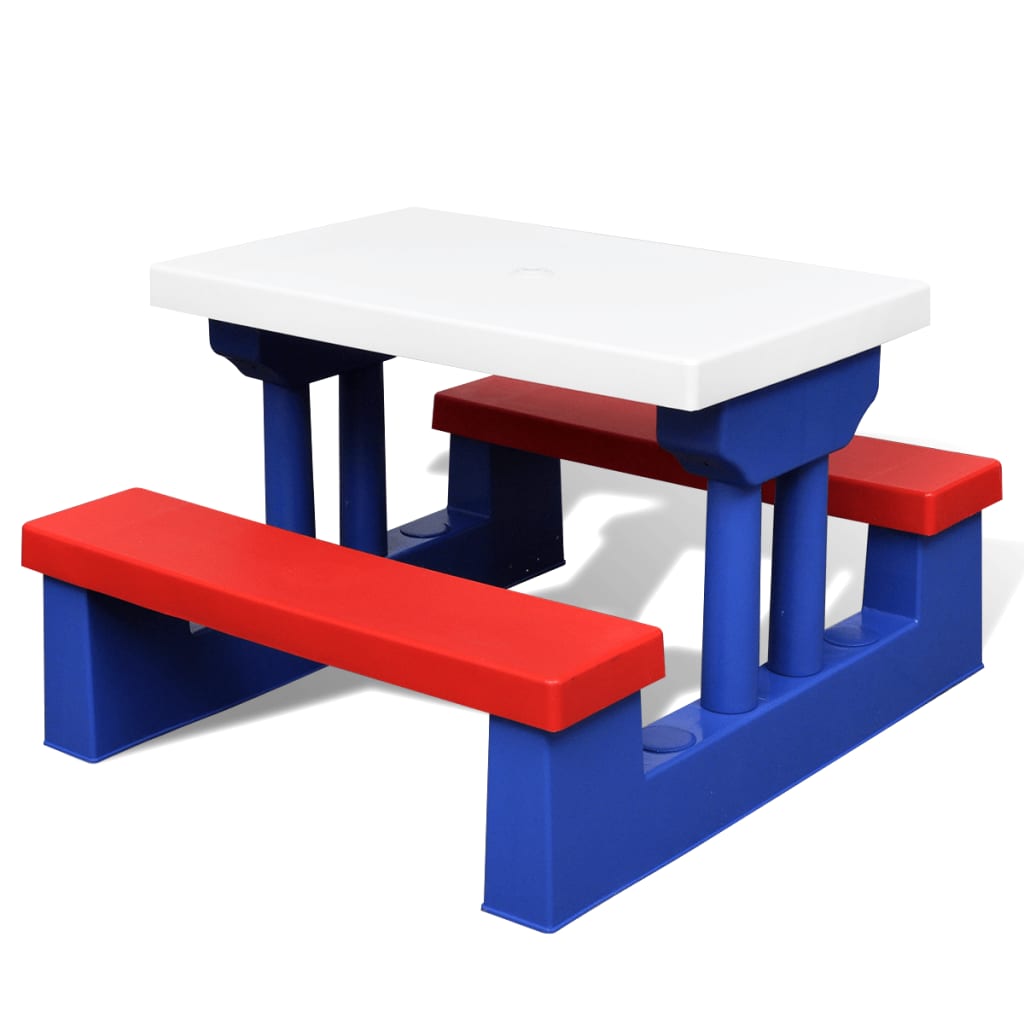 Mesa De Picnic Y Bancos Para Niños Y Sombrilla Multicolor
