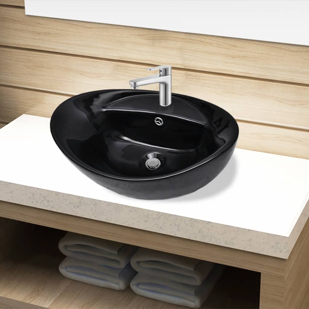 Lavabo De Cerámica Ovalado Con Orificio De Grifo Y Rebosadero