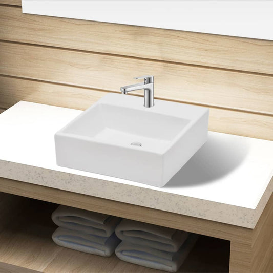 Lavabo De Cerámica Cuadrado Orificio De Grifo Y Desagüe