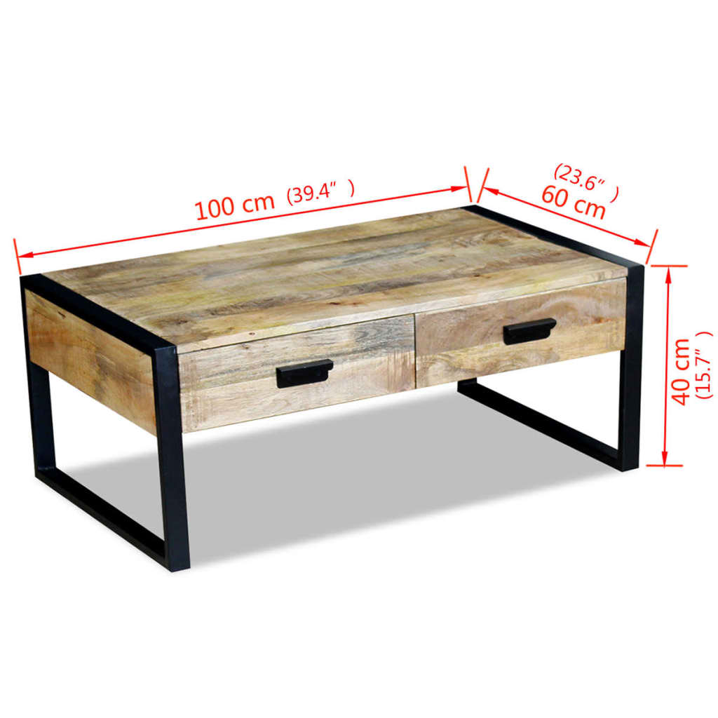 Mesa De Centro Con 2 Cajones Madera Maciza Mango 100X60X40 Cm