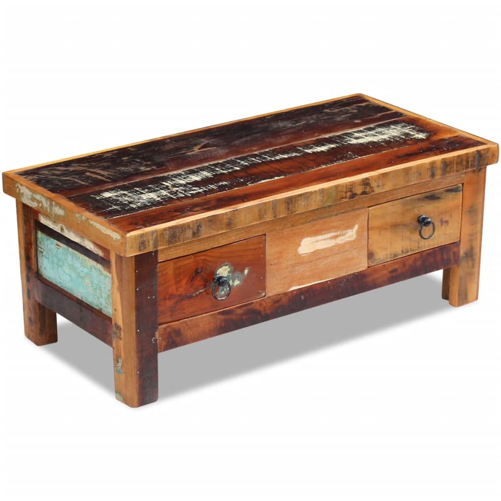 Mesa De Centro Con Cajones Madera Maciza Reciclada 90X45X35 Cm