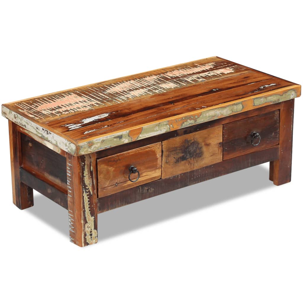 Mesa De Centro Con Cajones Madera Maciza Reciclada 90X45X35 Cm