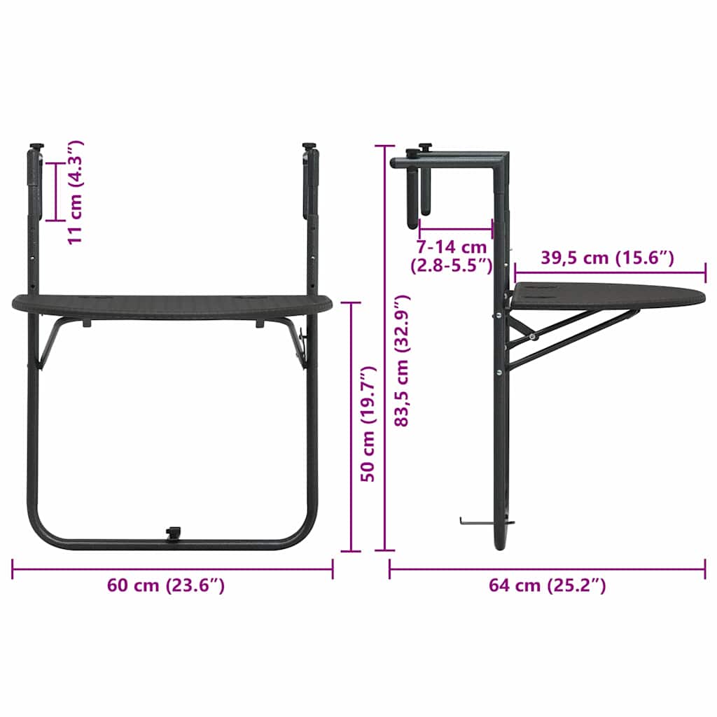 Mesa Balcón Colgante Plástico Aspecto Ratán 60X64X83,5Cm