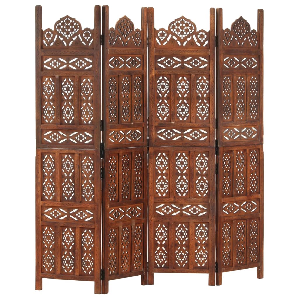 Biombo 3 Paneles Tallado A Mano Madera Mango Marrón 120X165 Cm