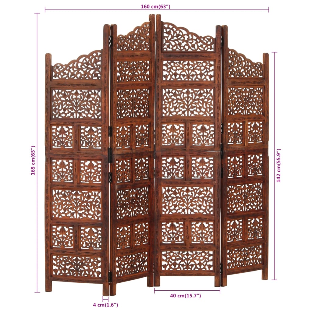 Biombo 4 Paneles Tallado A Mano Madera Mango 160X165 Cm