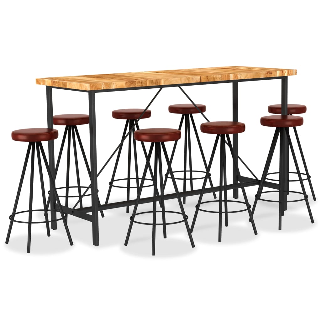 Set Muebles De Bar 9 Pzas Madera Maciza Acacia Cuero Auténtico