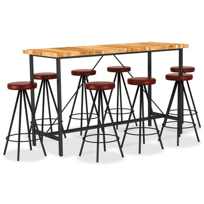 Set Muebles De Bar 9 Pzas Madera Maciza Acacia Cuero Auténtico