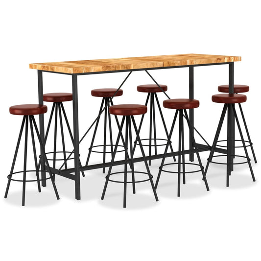 Set Muebles De Bar 9 Pzas Madera Maciza Acacia Cuero Auténtico