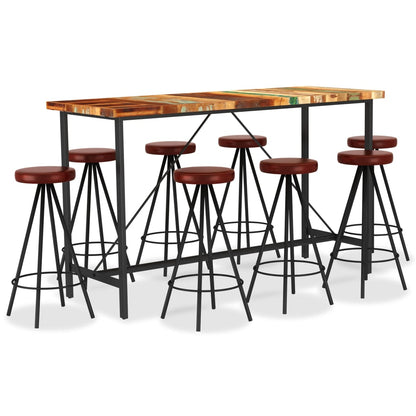 Set Muebles De Bar 9 Pzas Madera Maciza Acacia Cuero Auténtico