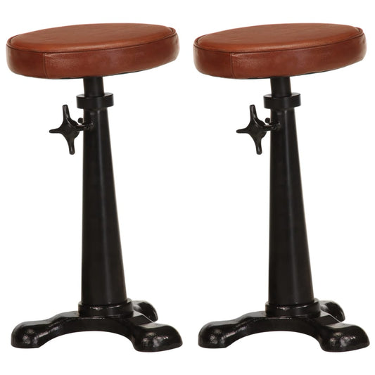 Taburetes De Cocina 2 Uds Cuero Auténtico Marrón Hierro Fundido