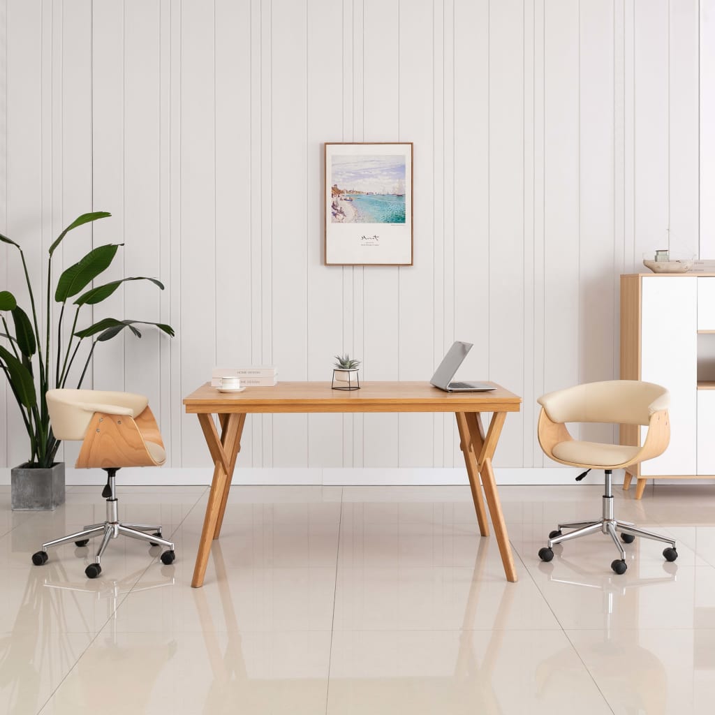 Silla De Oficina Giratoria De Madera Curvada Y Tela Gris Taupe