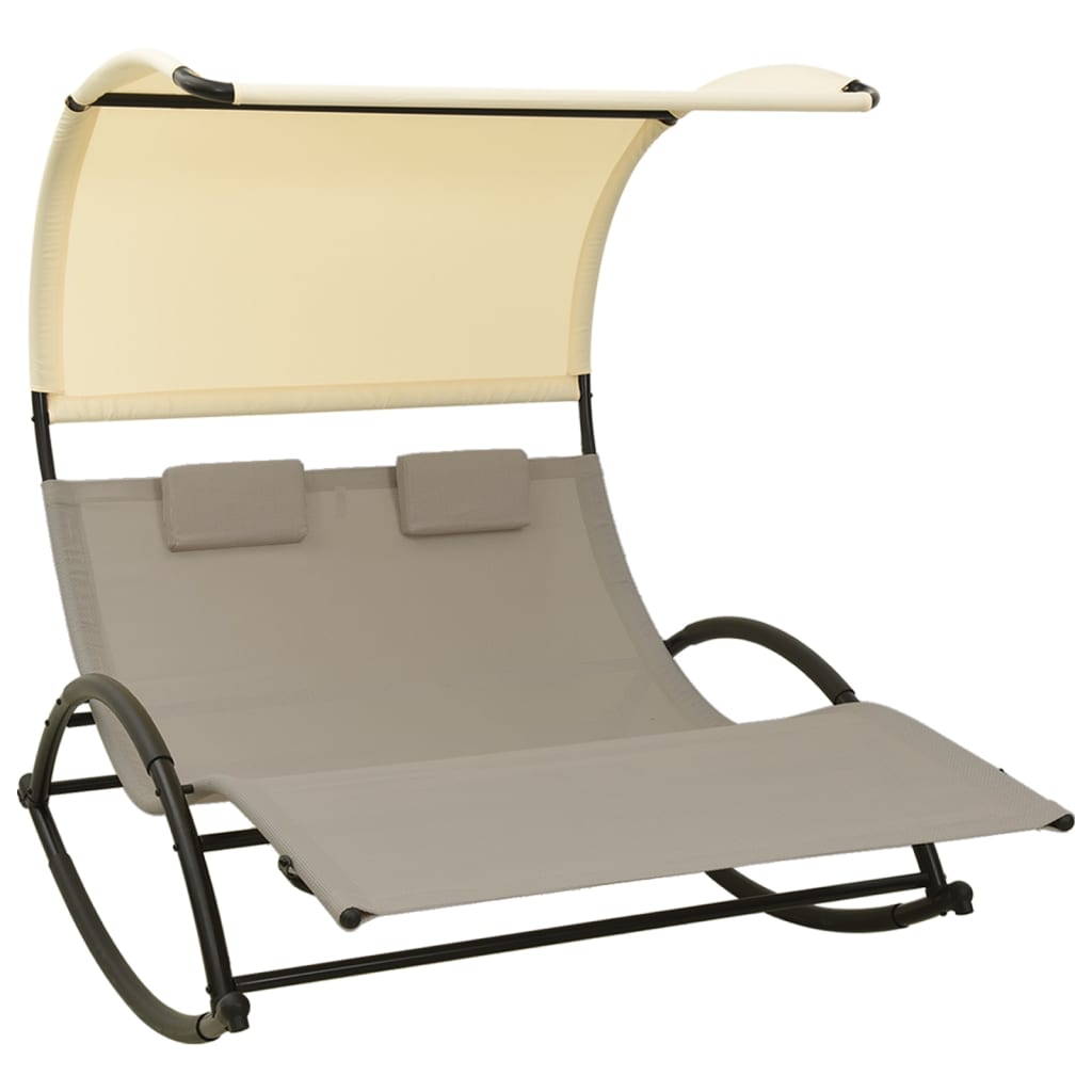 Tumbona Doble Con Toldo Textilene Color Gris Taupe Y Crema