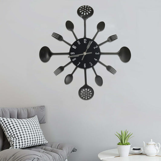 Reloj De Pared Diseño Cuchara Y Tenedor Negro 40 Cm Aluminio
