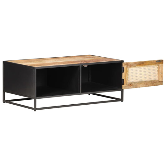 Mesa De Centro Madera De Mango Rugosa Y Caña Natural 90X50X35Cm