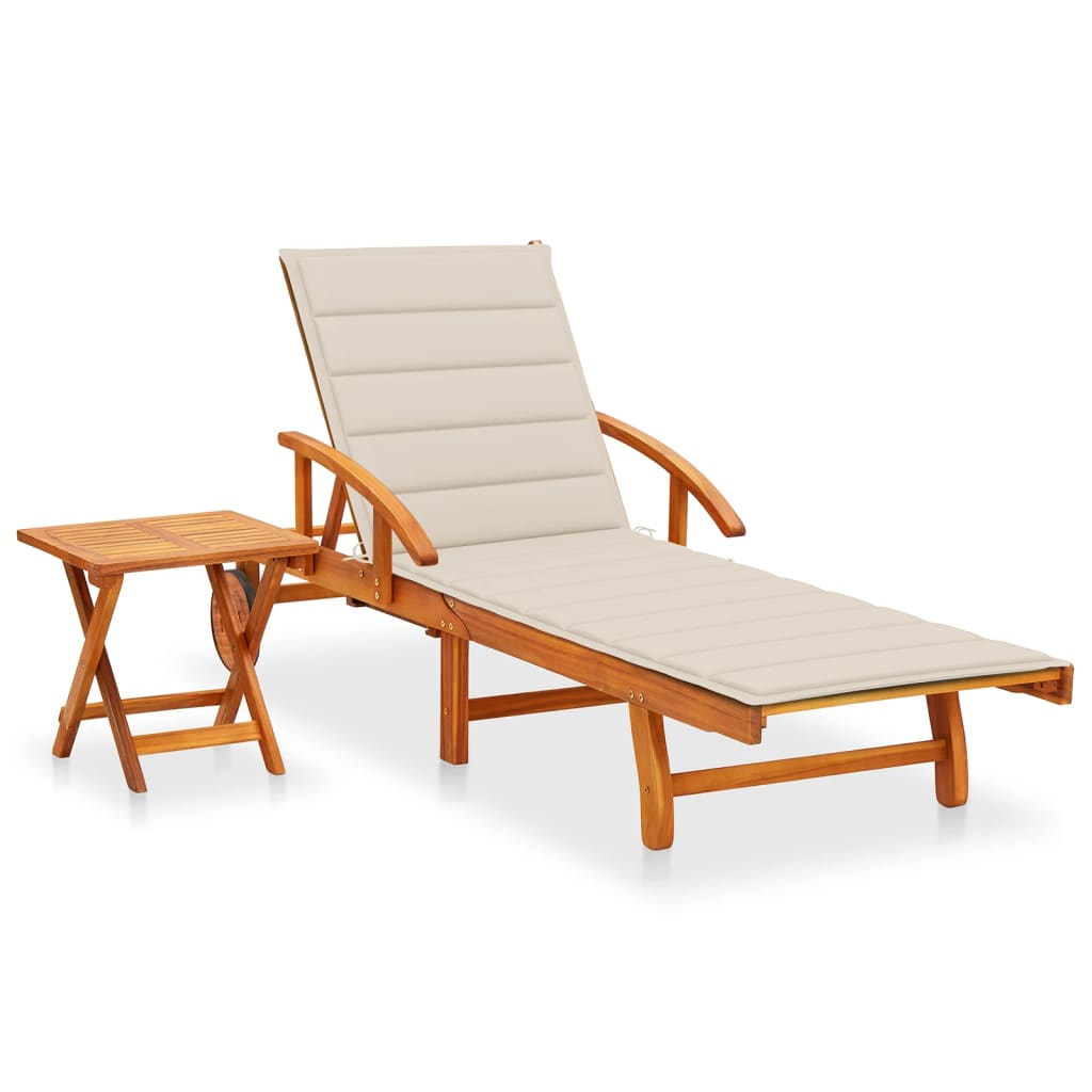 Tumbona De Jardín Con Mesa Y Cojín Madera Maciza De Acacia