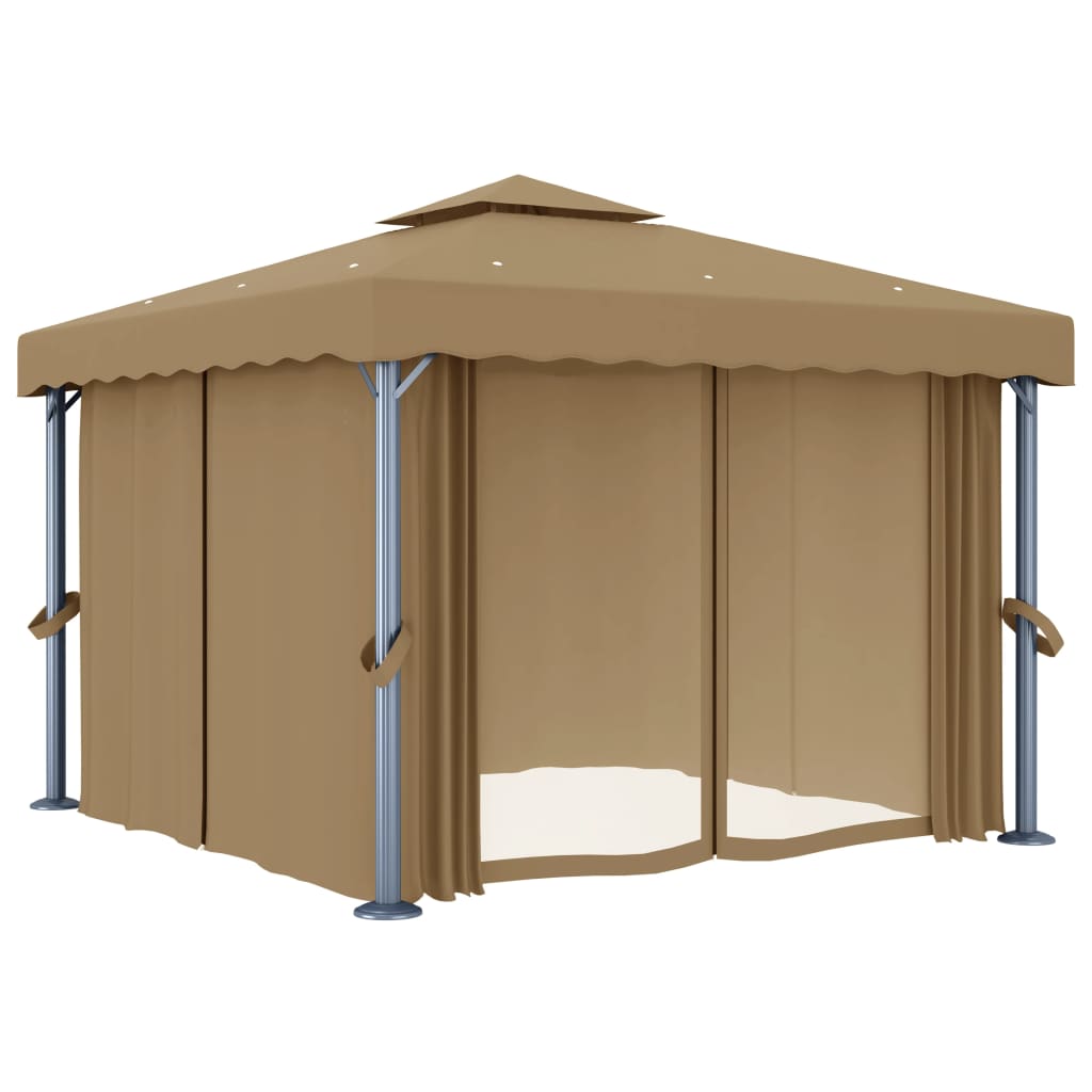 Cenador Con Cortina Gris Taupe Aluminio 3X3 M