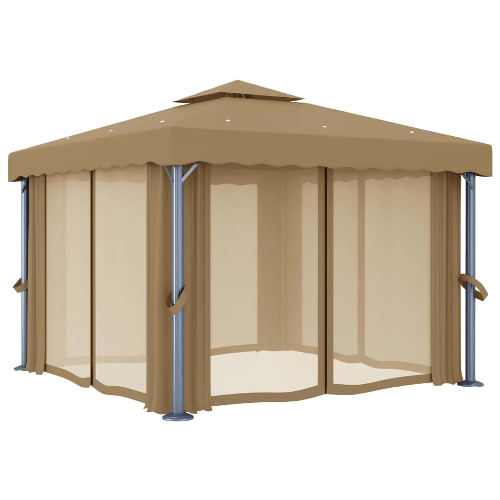 Cenador Con Cortina Gris Taupe Aluminio 3X3 M