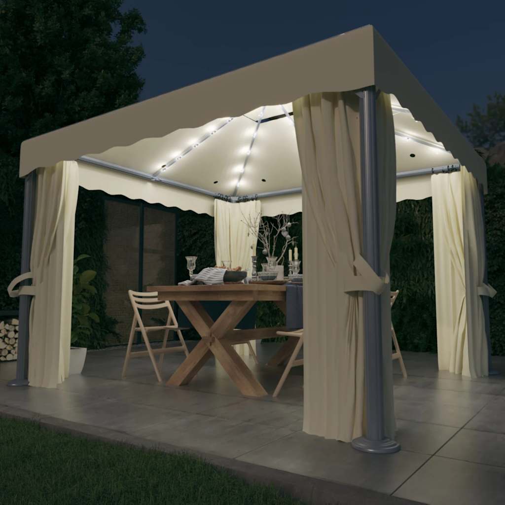 Cenador Con Cortina Y Tira De Luz Led Aluminio