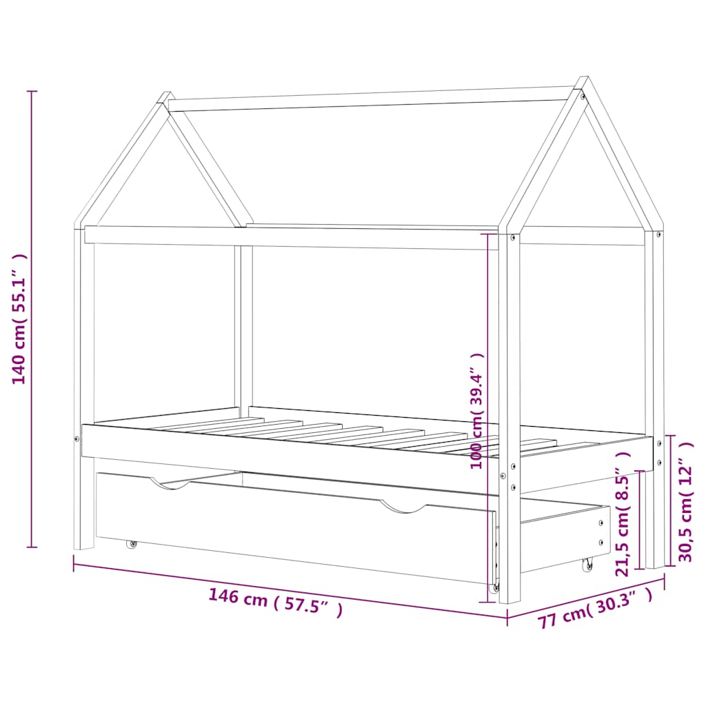 Estructura De Cama Infantil Y Cajón Madera Pino Blanca 70X140Cm