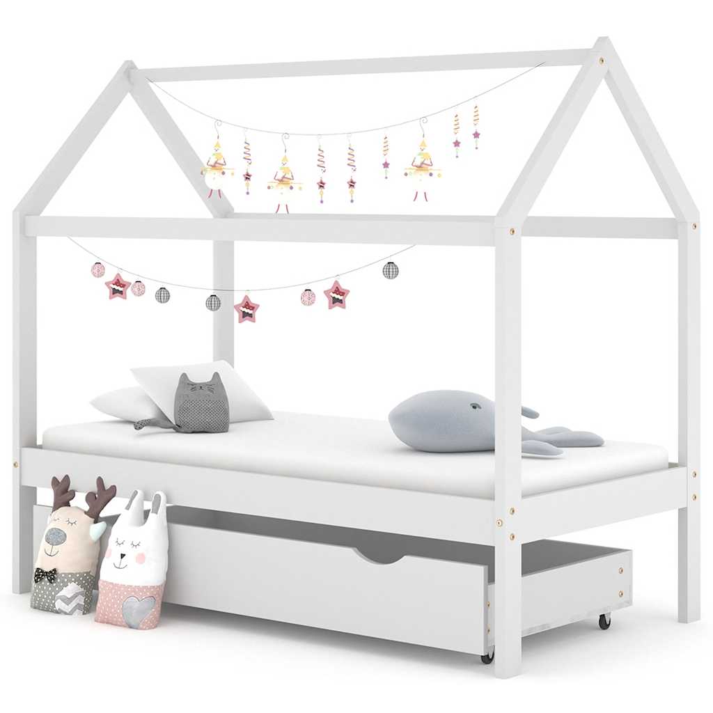 Estructura De Cama Infantil Y Cajón Madera Pino Blanca 70X140Cm