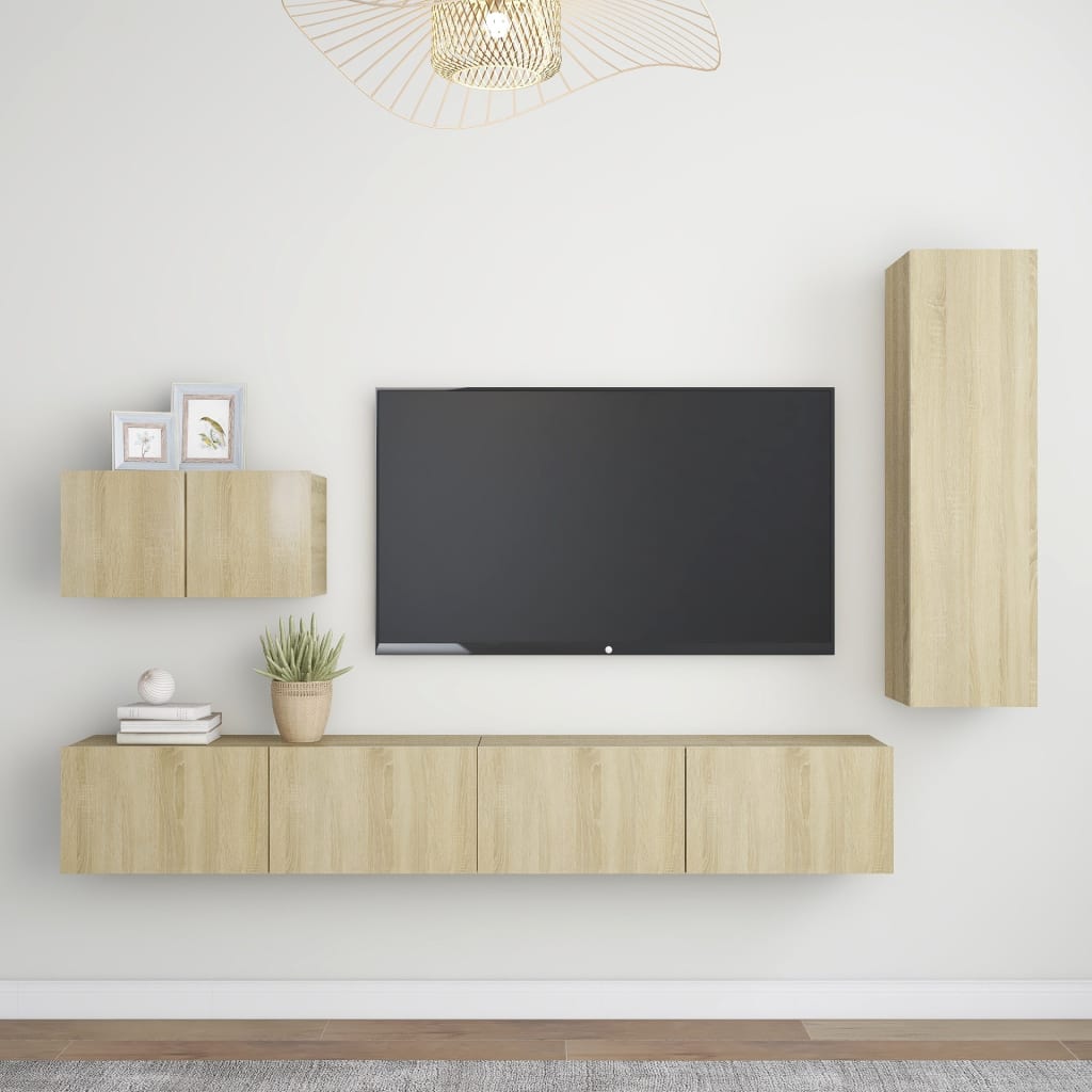Conjunto De Mueble De Tv Con Cajón 4 Pcs Roble Artesanal