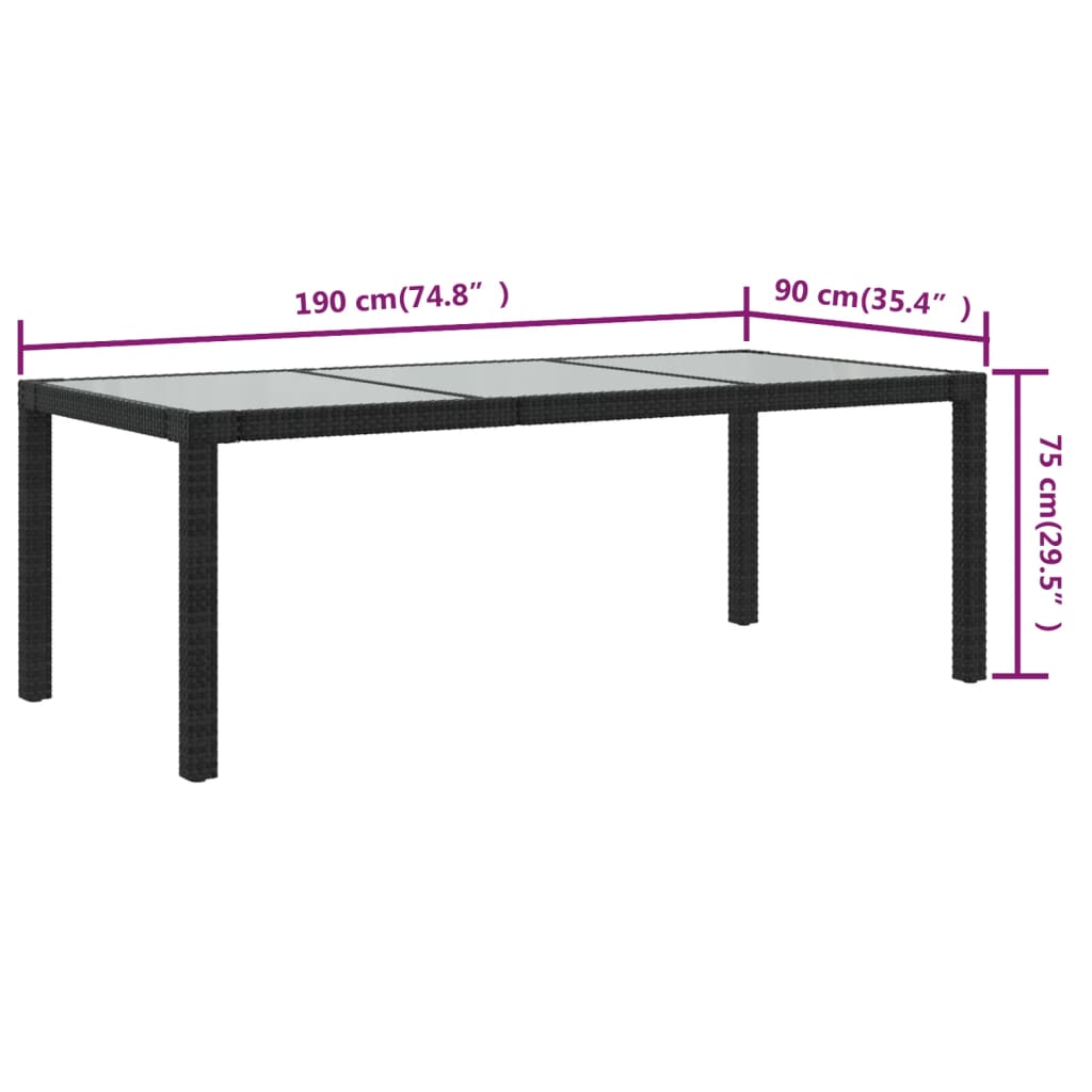 Mesa Jardín Vidrio Templado Ratán Sintético Negra 190X90X75 Cm