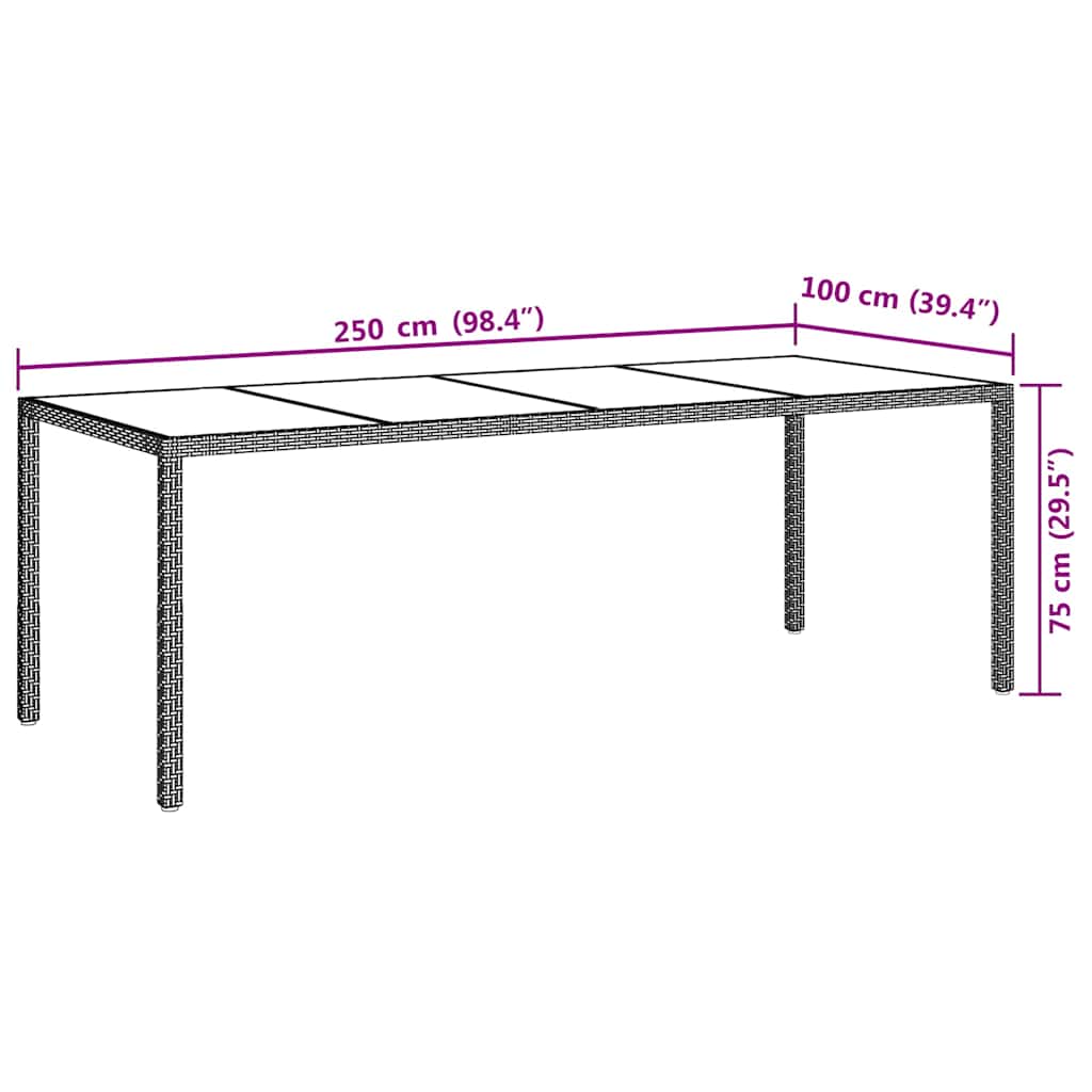 Mesa De Jardín De Vidrio Templado Ratán Pe 250X100X75 Cm
