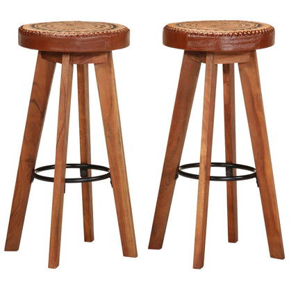 Taburetes De Cocina 2 Uds Cuero Auténtico Madera Maciza Acacia