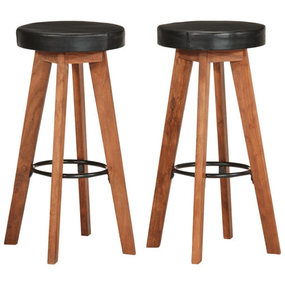 Taburetes De Cocina 2 Uds Cuero Auténtico Madera Maciza Acacia