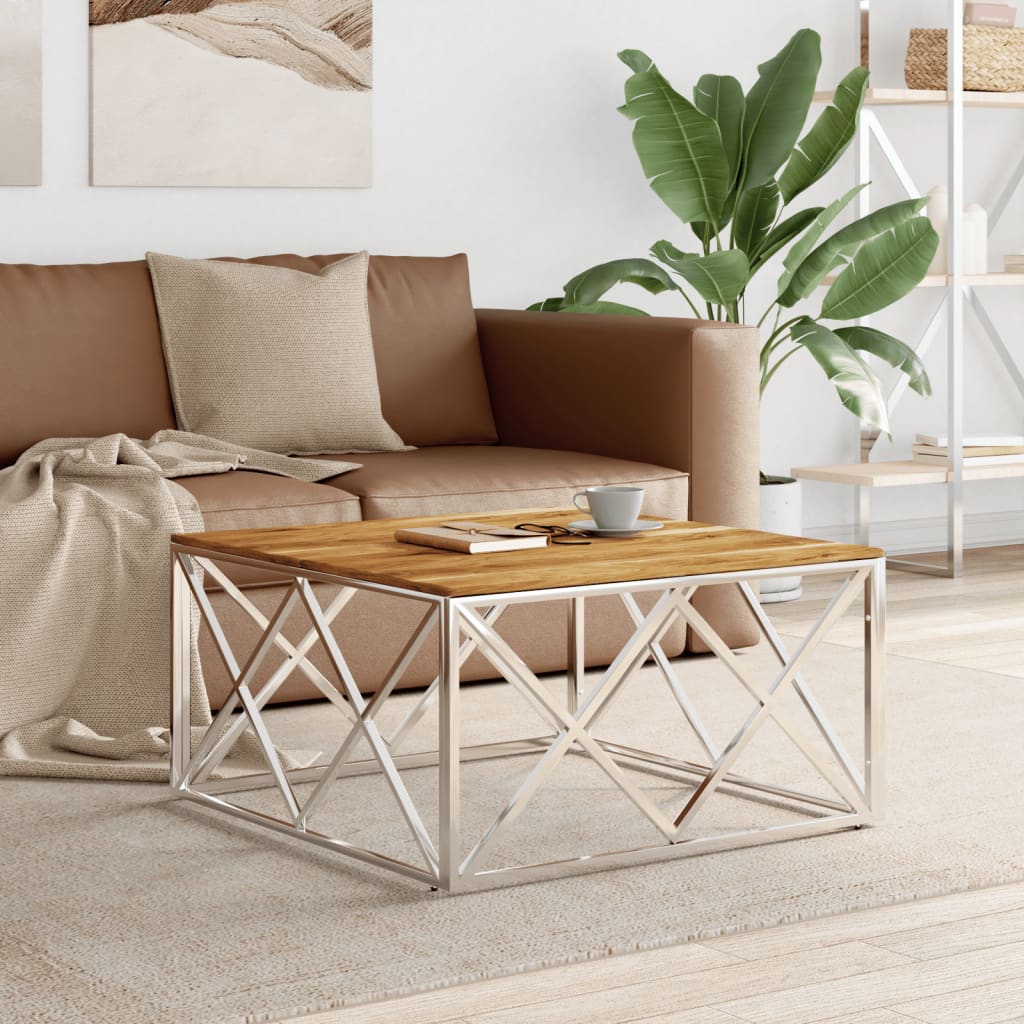 Mesa De Centro Acero Inoxidable Y Vidrio Plateado 80X80X40 Cm