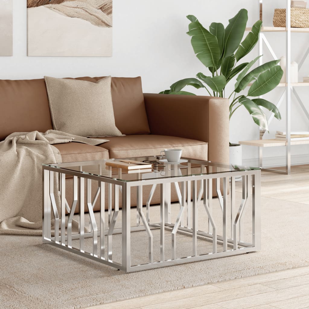 Mesa De Centro Acero Inoxidable Y Vidrio Plateado 80X80X40 Cm