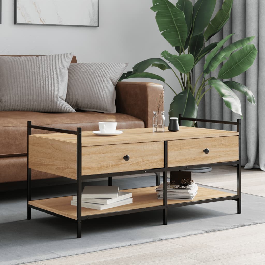 Mesa De Centro Madera De Ingeniería Roble Marrón 99X50X50 Cm