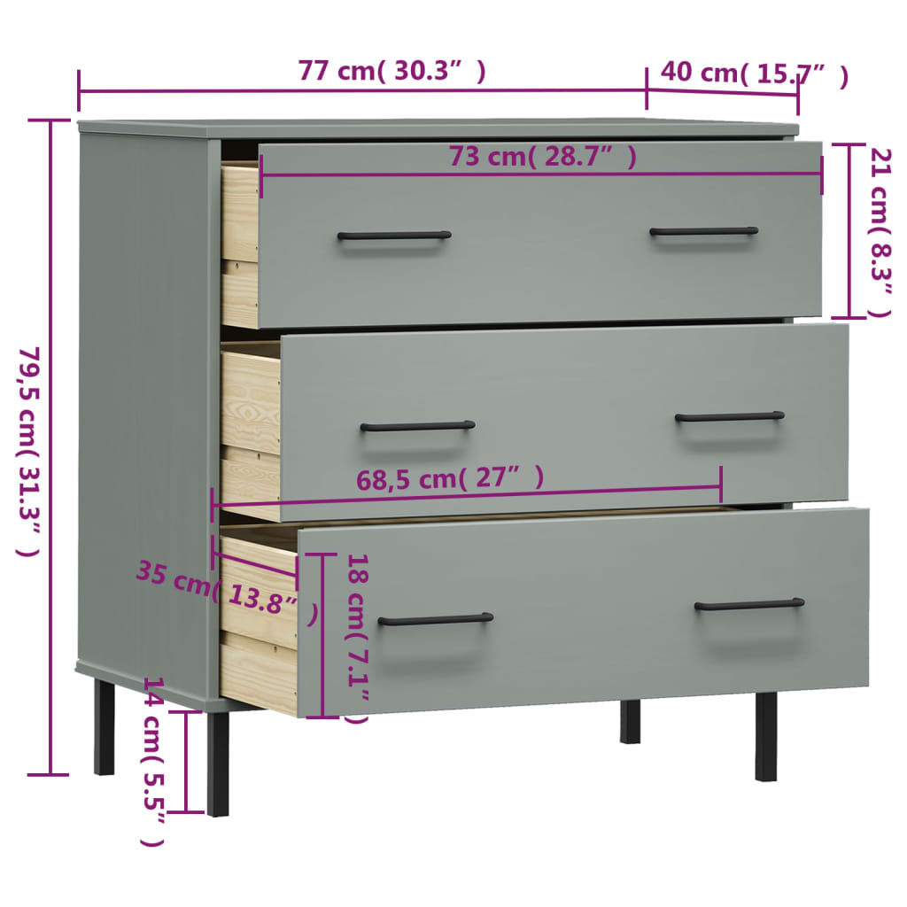 Aparador Con 3 Cajones Oslo Madera Maciza 77X40X79,5 Cm