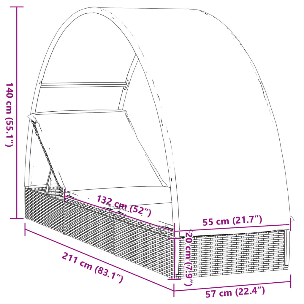 Tumbona Con Toldo Redondo Ratán Sintético 211X57X140 Cm