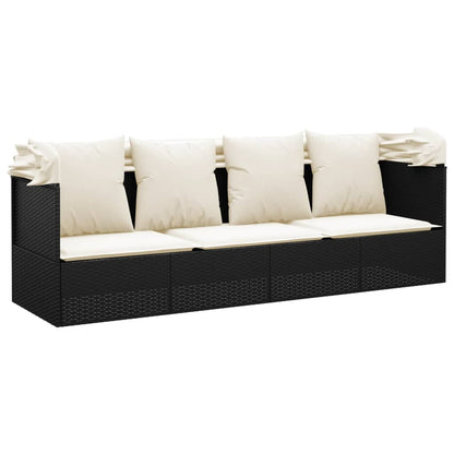 Sofá Tumbona De Jardín Con Toldo Cojines Ratán Sintético Negro