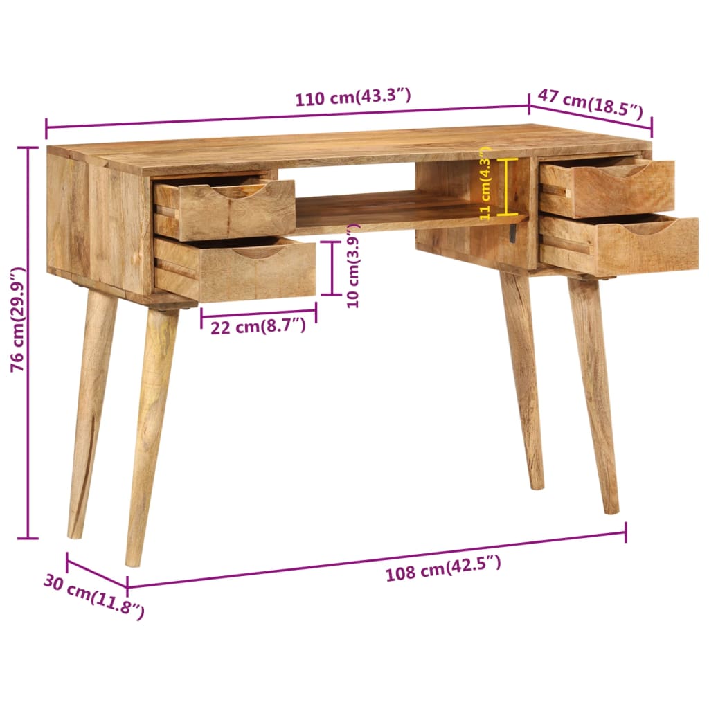 Escritorio Con Cajones Madera Maciza De Mango 110X47X76 Cm