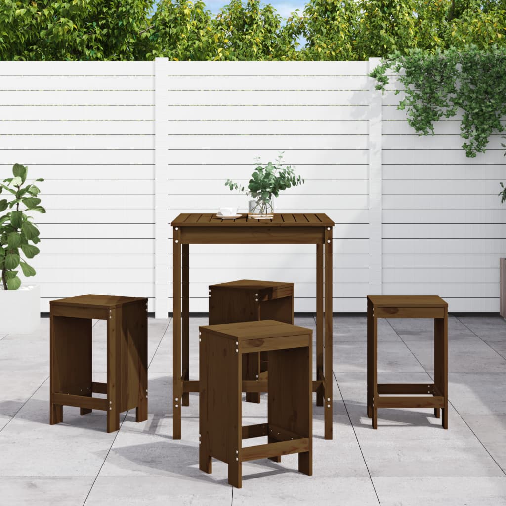 Set De Mesa Y Taburetes Altos Jardín 5 Piezas Madera
