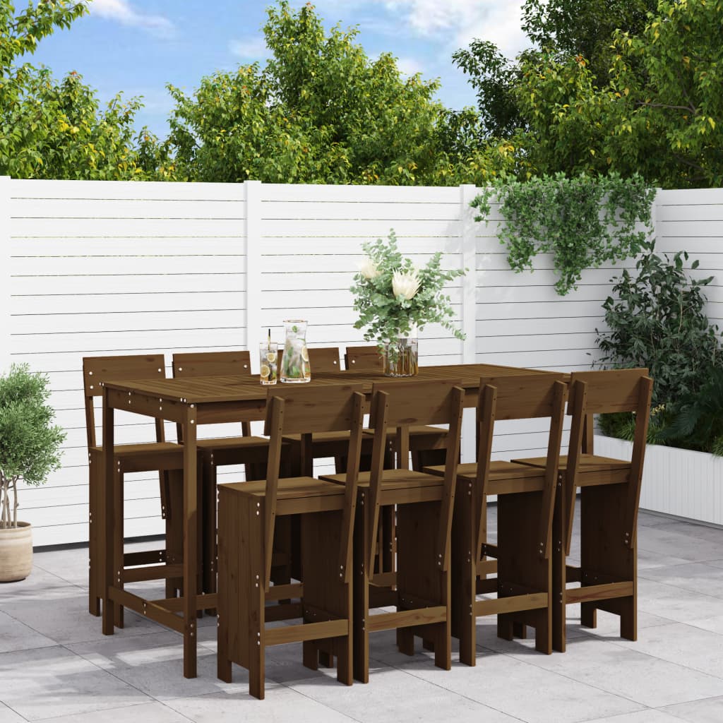 Mesa Y Taburetes Altos Jardín 9 Pzas Madera Maciza