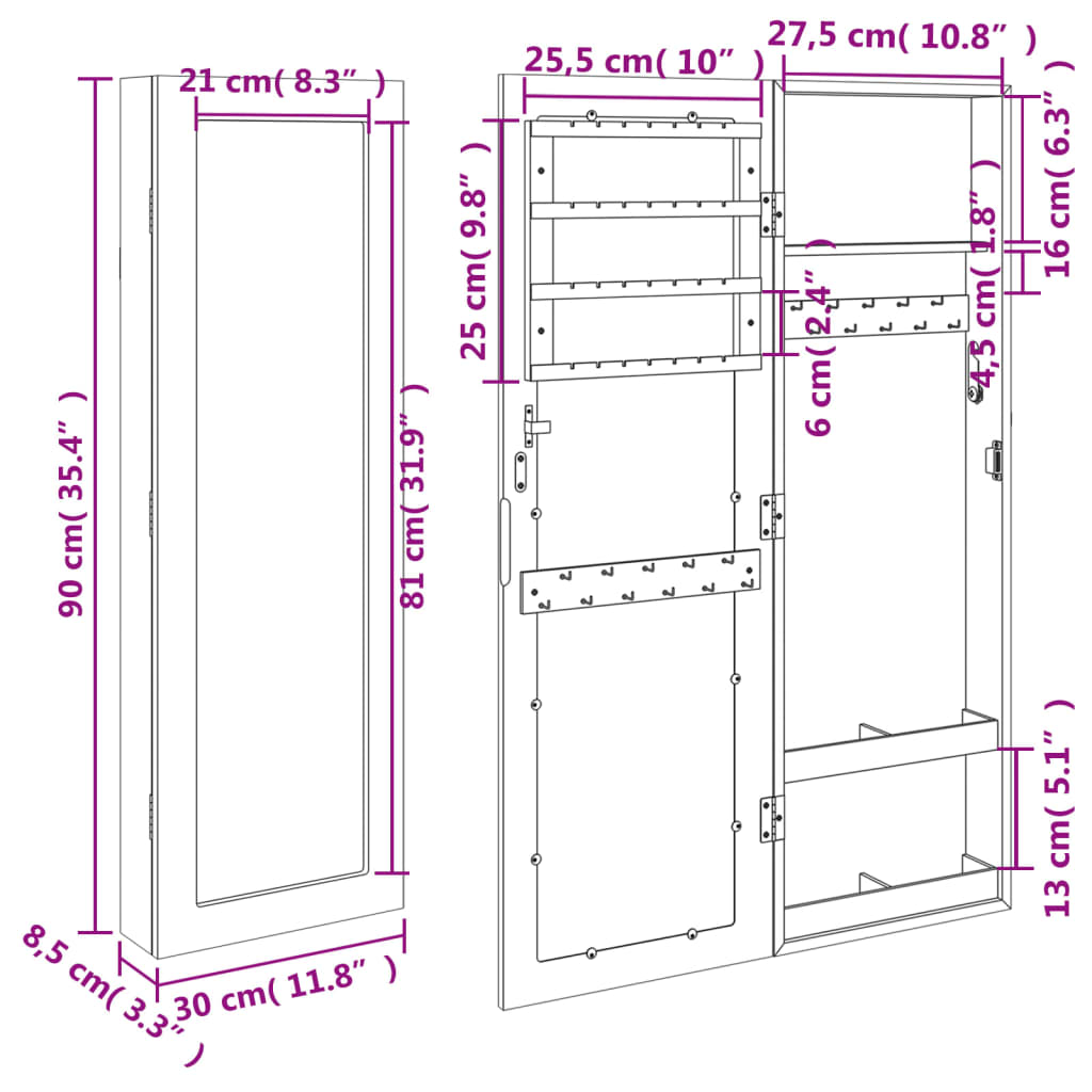 Espejo Con Joyero De Pared 30X8,5X90 Cm
